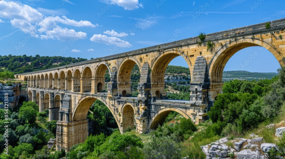 Image of an arched bridge with several arches spanning over water or ...