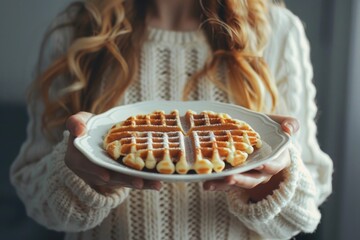 Wall Mural - A woman holds a plate of waffles in her hands