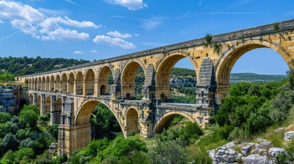 Poster - Image of an arched bridge with several arches spanning over water or land, suitable for use in infrastructure, construction, and architectural contexts