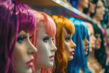 Poster - Display of mannequin heads in a retail store, showcasing various fashion and style options