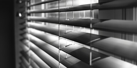 Poster - A simple black and white photograph of a window with closed blinds, suitable for use in designs where a subtle background is needed