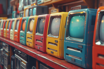 Rows of retro computers with colorful screens, creating a repetitive visual effect,