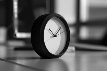 Poster - A black and white photo of an old clock on a wooden table, ideal for use in historical or vintage-themed designs