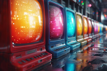 Aufkleber - Rows of retro computers with colorful screens, creating a repetitive visual effect,