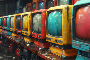 Aufkleber - Rows of retro computers with colorful screens, creating a repetitive visual effect,
