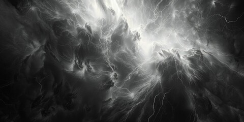 Poster - A dramatic scene of a lightning storm captured in black and white, with flashes of light illuminating the dark sky