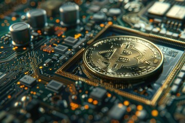 Aufkleber - A close-up view of a Bitcoin digital currency icon on a computer motherboard