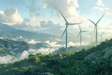 Poster - A group of wind turbines situated on a rolling green hillside, providing a picturesque scene