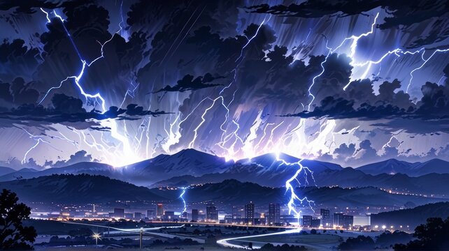 Illustrations of dramatic lightning storm with bright blue bolts illuminates the sky over a city and mountainous landscape