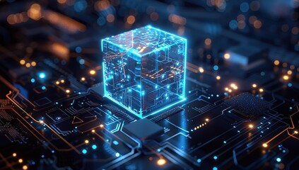 Poster - Glowing Cube on a Circuit Board