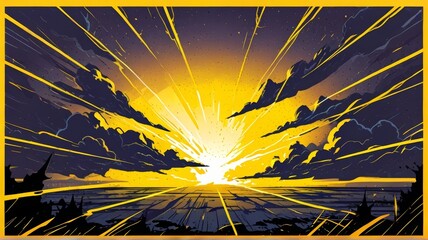 Wall Mural - A striking scene of a dramatic yellow sunset with bold in comic art style