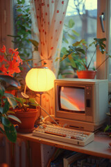 Aufkleber - Vibrant retro computing desk with glowing accessories and vintage technology,