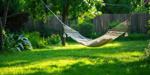 a hammock hangs under a tree in a backyard, suitable for relaxation and leisure activities