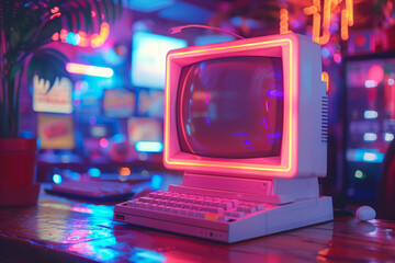 Aufkleber - Neon-themed retro computer environment with colorful, vivid elements,