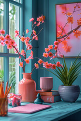 Aufkleber - Colorful desktop setup with bold pink and orange accessories and decor,