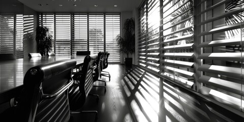 Aufkleber - A simple black and white photograph of a long wooden table with minimal details