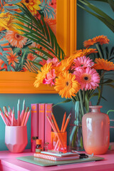 Aufkleber - Colorful desktop setup with bold pink and orange accessories and decor,
