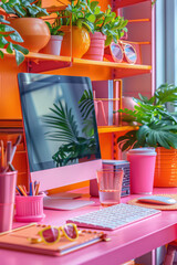 Aufkleber - Colorful desktop setup with bold pink and orange accessories and decor,