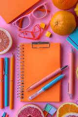 Aufkleber - Bold pink and orange desktop arrangement with colorful and modern office supplies,