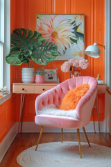Aufkleber - A stylish workspace featuring bold pink and orange elements and modern design,