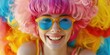 © Fotograf - A person wearing a bright pink wig and trendy sunglasses, great for adding personality to your image or project