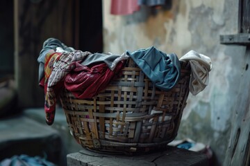 Poster - A wicker basket filled with clothes sits on a wooden table, perfect for a rustic or vintage-themed photo shoot