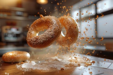 Aufkleber - A whimsical scene featuring two doughnuts suspended in mid-air, ideal for use in advertising or editorial content