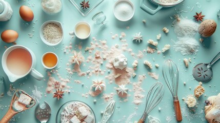Poster - A table set with various kitchen utensils, including bowls and whisks