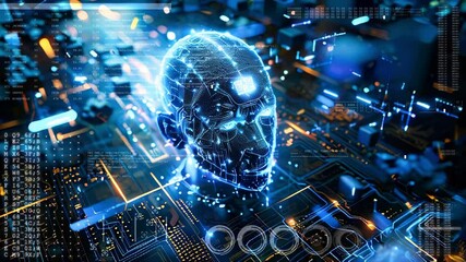 Poster - A futuristic composition with human and digital components. Artificial intelligence concept animation.