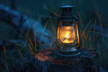 Aufkleber - A lone lantern sits atop a tree stump in the dark, illuminating the surrounding area