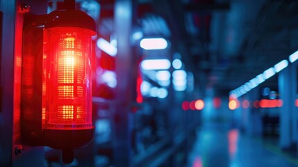 Poster - A red traffic light hangs from the side of a building, potentially indicating an intersection or street level crossing