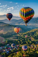 Wall Mural - Aerial view of colorful hot air balloons soaring above a town, with buildings and trees in the background