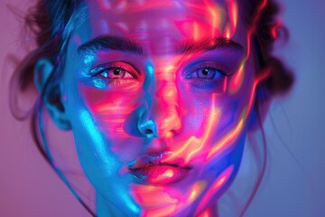 Poster - Close-up portrait of a woman's face illuminated by neon lights, ideal for use in futuristic or high-tech themed designs