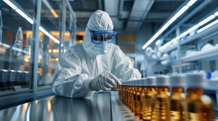 Wall Mural - A scientist in a lab coat is working with a row of vials