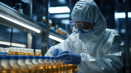 Wall Mural - A scientist in a lab coat and gloves is working with a variety of bottles