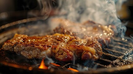 Poster - Cooking a flavorful meat bone or BBQ steak on a sizzling pan