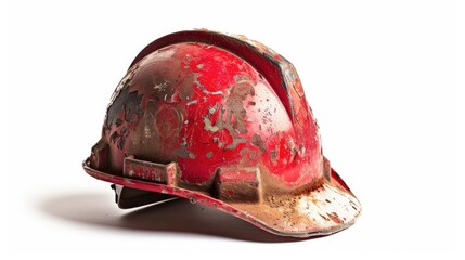 Old red hard hat with shadow on white background