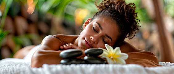 Wall Mural - Woman relaxing on a massage table with a white plumeria flower and black stones. Ideal for wellness centers, spas, or relaxation-themed promotions. Great for marketing materials or social media posts.