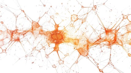 Poster - Abstract digital network with interconnected points and lines in orange hues on a white background. Perfect for technology or science visuals.