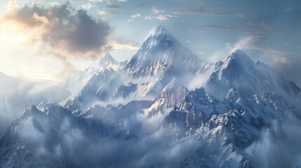 Wall Mural - A majestic mountain range covered in snow, with sunlight peeking through the clouds. 