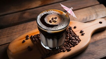 Black iced coffee milk coffee and beans over wooden background