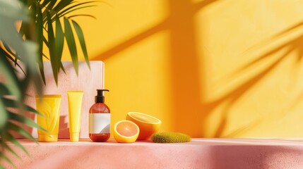 Wall Mural - Display body care cosmetics by a colored wall