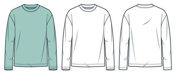 Long Sleeve Shirt fashion technical drawing template. Unisex T-Shirt technical fashion illustration, crew neck, long sleeve, front, back view, white, mint green, women, men, unisex Top CAD mockup set.