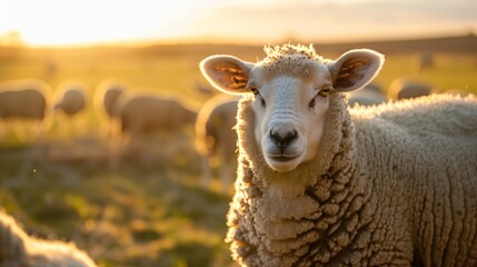 a sheep standing in a field at sunset