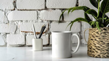 Poster - Coffee mug plant and pen organizer on white surface with brick wall background Space available for adding your own text