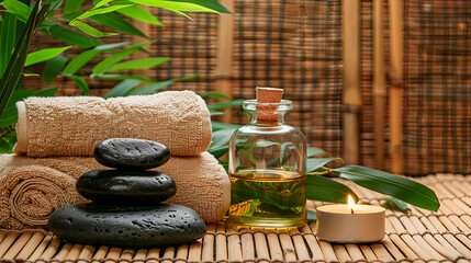 Wall Mural - Spa essentials with stones, towel, and oil bottle on a bamboo mat with green leaves. Ideal for wellness centers, spas, or relaxation-themed promotions. Great for marketing materials or social media