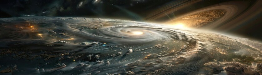 Wall Mural - Dramatic space scene depicting a swirling galaxy with planets and stars. Science fiction and deep space exploration concept.