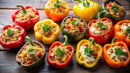 Variety of stuffed peppers halves with different fillings , food, cuisine, peppers, vegetarian, colorful, ingredients, cooking