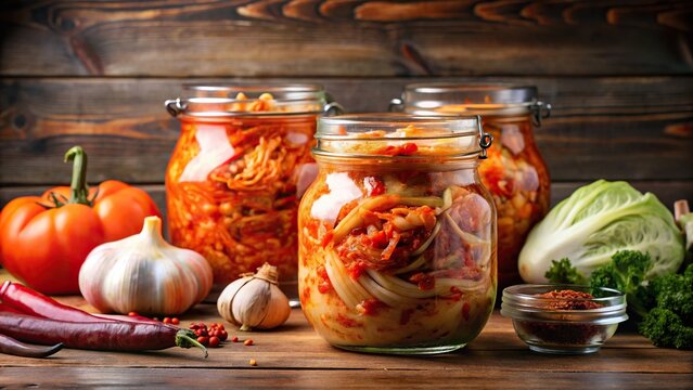 Kimchi fermentation process with ingredients on background, Kimchi, Korean, fermentation, cabbage, spicy