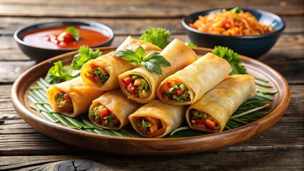 Plate of freshly made Spring rolls filled with vegetables and served with sweet chili sauce, appetizer, Asian cuisine